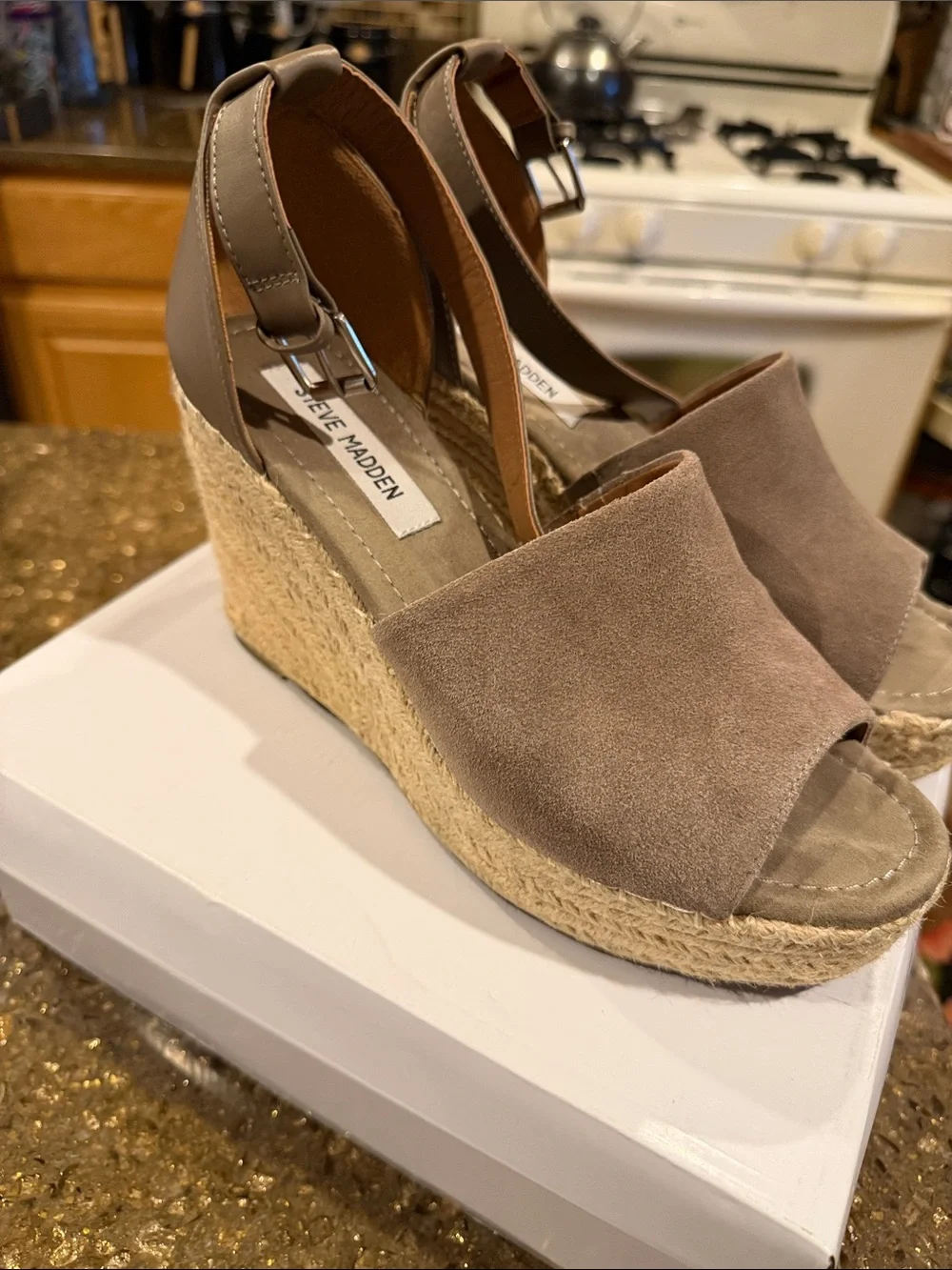 Steve Madden Jaylen Taupe Suede Espadrille Wedge Sandal with Ankle Strap 8.5